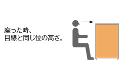座った時、目線と同じ位の高さ。