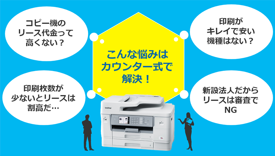 コピー機のリース代金って高くない?/印刷がキレイで安い機種はない?/印刷枚数が少ないとリースは割高だ…/新設法人だからリースは審査でNG/こんな悩みはカウンター式で解決!