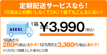 定期配送サービスなら!10箱まとめ買いしなくてOK!1箱でもこんなに安い! 1箱¥3,990(税込) 1回あたり280円(税込)おトク!12カ月だと3,360円(税込)おトク!※1カ月に1箱購入した場合と比較