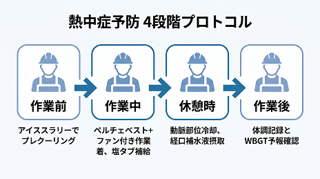 「熱中症予防 4段階プロトコル」作業前：アイススラリーでプレクーリング→作業中：ペルチェベスト+ファン付き作業着、塩タブ補給→休憩時：動脈部位冷却、経口補水液摂取→作業後：体調記録とWBGT予報確認