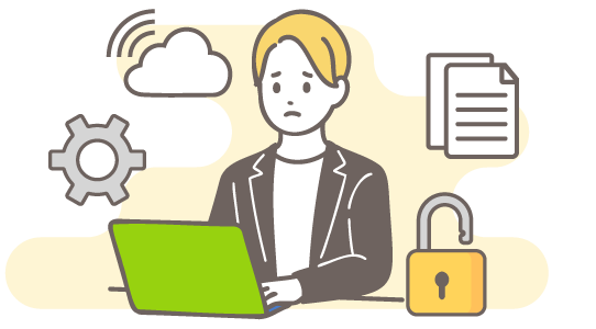 ノートパソコンを前に困っている人のイメージイラスト